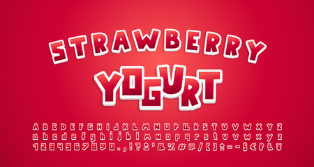Cute food Alphabet sweet strawberry color, 3d sticker style. Cartoon font, uppercase and lowercase letters, numbers, symbols. Vector illustration