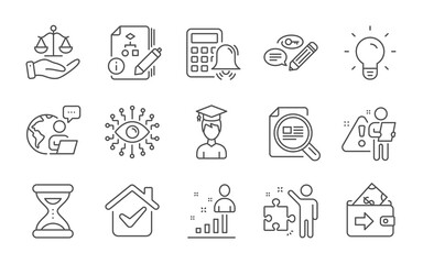 Keywords, Justice scales and Light bulb line icons set. Student, Algorithm and Time signs. Check article, Wallet and Stats symbols. Calculator alarm, Strategy and Artificial intelligence. Vector