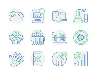 Science icons set. Included icon as Recovery devices, Employees group, Stop coronavirus signs. Chemistry lab, Augmented reality, Social responsibility symbols. Recovery ssd, Diagram chart. Vector
