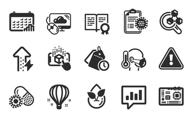 Calendar graph, Certificate and Chemistry lab icons simple set. Motherboard, Time management and Organic product signs. Coronavirus report, Coronavirus pills and Energy growing symbols. Vector