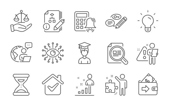 Keywords, Justice scales and Light bulb line icons set. Student, Algorithm and Time signs. Check article, Wallet and Stats symbols. Calculator alarm, Strategy and Artificial intelligence. Vector