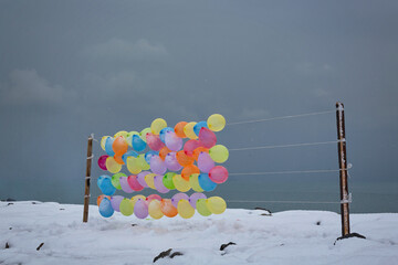 Hot air balloons in winter on the background of the sea