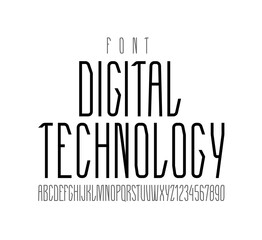 High digital font, condensed tall modern alphabet, trendy uppercase Latin letters from A to Z and Arab numbers from 0 to 9 for you designs, vector illustration 10EPS