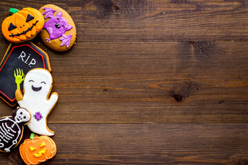 Ginger biscuits for Halloween on the table. View from above