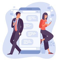 Young woman is chatting with young man with huge phone and speech bubbles on background. Dating app and virtual relationship. Trendy color vector illustration.