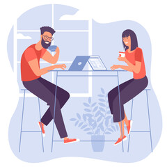 Young man and woman working with gadgets in modern coffehouse. Flat design illestration of coworking loft office. Vector concept of freelancers at work.