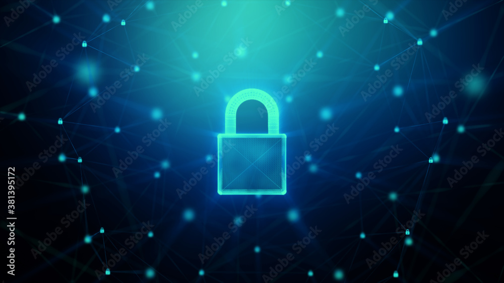Poster 3d padlock with connection line, with lighting shallow depth of field and glitter effect, against 0 