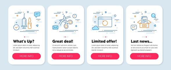 Set of Science icons, such as Recovery internet, Scissors, Medical vaccination symbols. Mobile screen mockup banners. Documents box line icons. Backup info, Cutting ribbon, Syringe vaccine. Vector