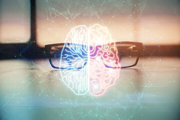 Brain drawings with glasses on the table background. Double exposure.