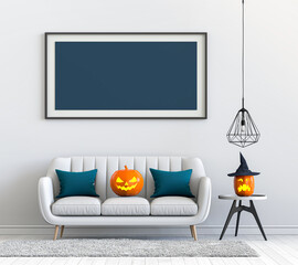 Halloween poster mock up in living room and pumpkins, jack-o-lantern. 3D render
