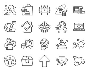 Technology icons set. Included icon as Seo laptop, Sharing economy, Heart signs. No internet, Security lock, Package box symbols. Pyramid chart, Check investment, Like. Delivery service. Vector