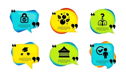 Hiring employees, Clean bubbles and Security lock icons simple set. Speech bubble with quotes. Carousels, Throw hats and Verification person signs. Vector