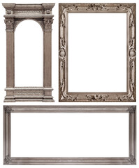 Set of silver frames for paintings, mirrors or photo isolated on white background