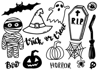 vector hand drawn Doodle cartoon collection set of icon and symbols about the Halloween day,isolated background
