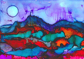 Abstract mountain landscape by night, alcohol inks painting, sunset