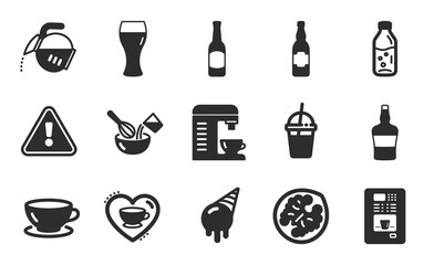 Beer glass, Coffee cocktail and Beer icons simple set. Ice cream, Coffee vending and Walnut signs. Espresso, Scotch bottle and Cooking whisk symbols. Water bottle. Flat icons set. Vector