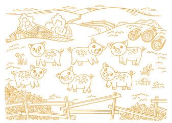 Pig farm is livestock. Three cows in the barnyard. Hay fodder. Village rural countryside landscape. Rustic fence. Hand drawn cartoon sketch. Contour vector line.