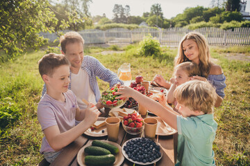 Photo of big full family five people lovers parenthood three little kids sit lunch table share delicious veggie meal relax summer sunny day generation cozy home green garden backyard outdoors