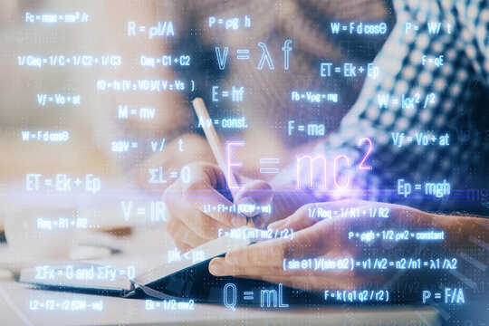 Student or teacher with mathematical and scientific formulas. Concepts of education.