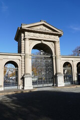 Fototapeta na wymiar Decorative entryway to Cemetery Sihlfeld, Zurich, Switzerland