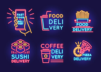 Food Delivery Neon Color Thin Line Icon Set. Vector