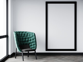 interior of a room with a chair. 3d render view of a beautiful green armchair and a large black frame.
