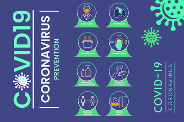 Vector editable stroke line icons for practical tips on COVID19 corona virus contamination prevention, Coronavirus 2019-nCoV infographic: symptoms and prevention tips, LOGO,stay home, Covid-19 or 2019