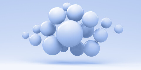 Composition from flying spheres on a blue background. 3d render illustration for advertising. Black Friday.
