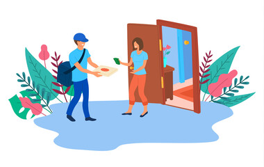 Cartoon Color Characters People and Pizza Delivery Service Concept. Vector
