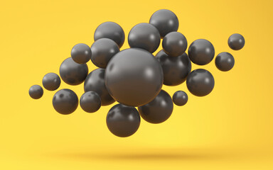 Black Friday. Illustrations for advertising. Many black spheres flying on a yellow background. 3d render illustration.