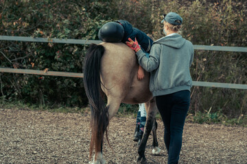 A little boy in turquoise overalls stroking an Icelandic pony horse with a funny forelock. The kid...