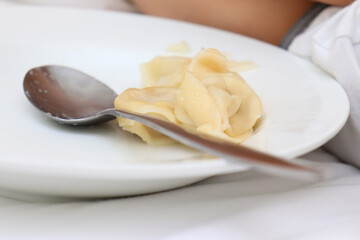 Traditional tasty boiled russian pelmeni, ravioli, dumplings with meat on white ceramic plate on grey background