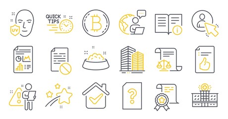 Set of Business icons, such as Skyscraper buildings, Report document, Bitcoin symbols. Uv protection, User, Approved document signs. Technical info, Unknown file, Quick tips. Certificate. Vector