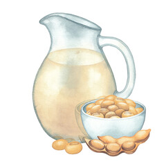Watercolor plant based milk in the glass jug and bowl decorated with soy plants