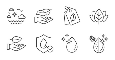 Waterproof, Leaf and Dirty water line icons set. Organic tested, Water drop and Bio tags signs. Lightweight, Travel sea symbols. Plant care, Aqua drop, Bio ingredients. Nature set. Vector