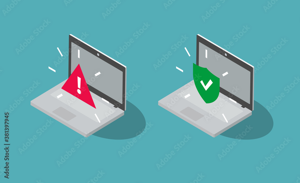 Poster Infected and protected computer symbols, isolated on blue background. Flat design, easy to use for your website or presentation.