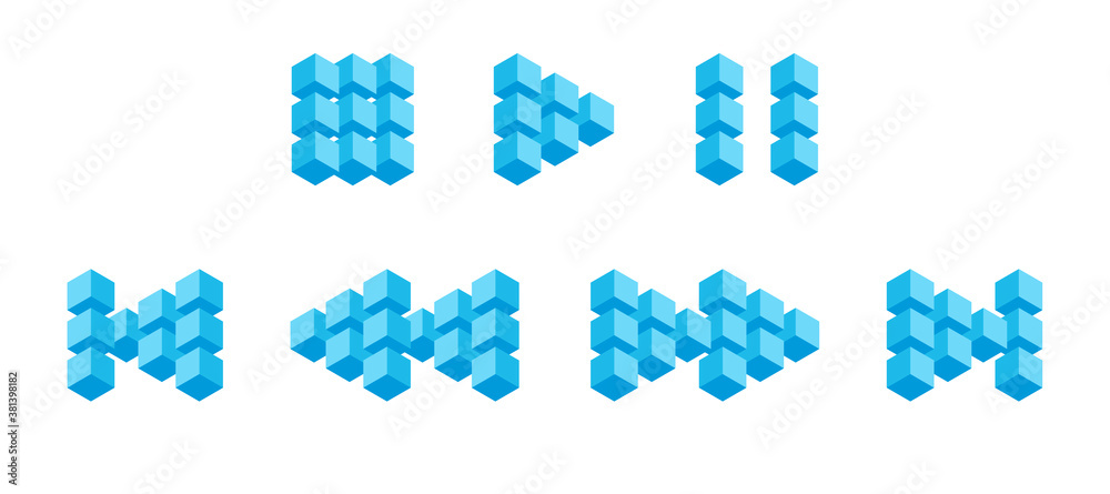 Poster Multimedia interface buttons from 3D cubes, volumetric buttons from blue squares. Forward, backward, rewind, next, previous, right, left button for digital media. Vector illustration