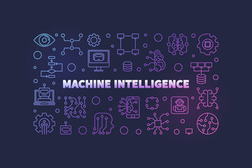 Machine Intelligence concept linear colorful horizontal banner - vector MI illustration on dark background