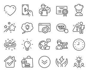 Business icons set. Included icon as Receive money, Energy, Heart signs. Recruitment, Scroll down, Light bulb symbols. Certificate, Quick tips, Business idea. Clock, Seo gear, Safe energy. Vector