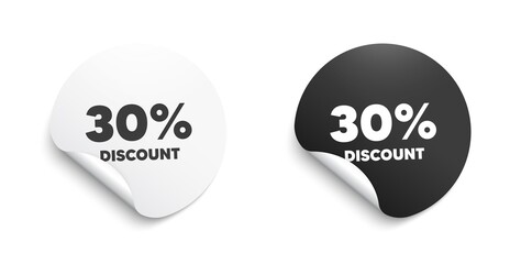 30% Discount. Round sticker with offer message. Sale offer price sign. Special offer symbol. Circle sticker mockup banner. Discount badge shape. Adhesive offer paper banner. Vector