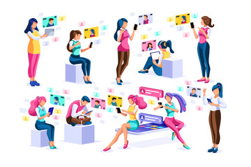 Social media, young girls chatting on female smartphones talking on video or social photos. Character app, photo and video on smartphone. Chat media group concept cartoon characters collection vector.