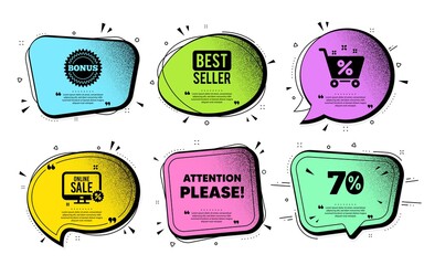 Attention please. Speech bubble with dotwork vector. Special offer sign. Important information symbol. Quote speech bubble. Best seller, shop cart icons. Vector