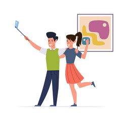 Happy couple make selfie. Man and woman hugging and take photo on smartphone on picture background, shoot stories make live stream or vlog blogger characters vector illustration