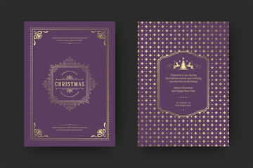 Christmas greeting card vintage typographic design ornate decoration symbols with winter holidays wish