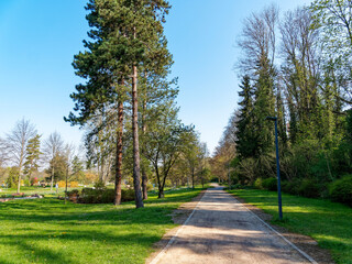 Bad Bellingen im Markgräflerland (Bade-Wurtemberg) - Sentier de promenade, square et détente dans le parc au milieu de splendides parterres floraux entourés de hauts arbres sous un ciel bleu