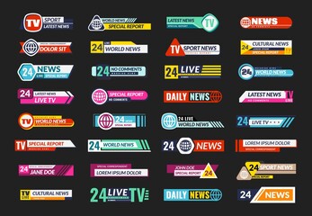 Broadcasting TV banner set. News television screen header, square horizontal internet broadcast interface, modern mass media template, stripe streaming emblem design flat vector set