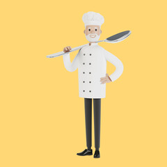 Chef with a large spoon. 3D illustration in cartoon style.