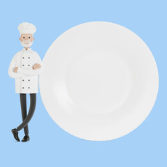 Chef with a large plate. 3D illustration in cartoon style.