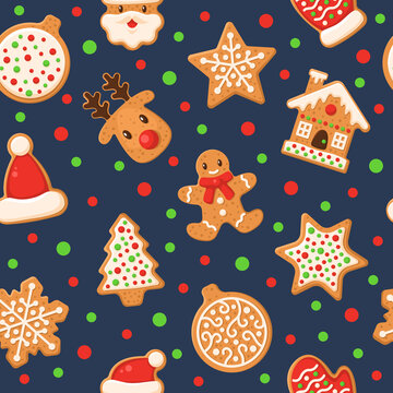 Gingerbread seamless pattern. Holiday gingerbreads sugar glazed winter sweet sugar glaze food, cookie man and deer holidays decor textile, fabric wrapping paper wallpaper vector texture