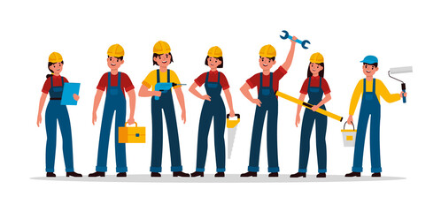 Builders group. Construction industry people team in helmet, contractor engineer, technician and builder, mechanic, male and female with tools saw, hammer and trowel vector characters